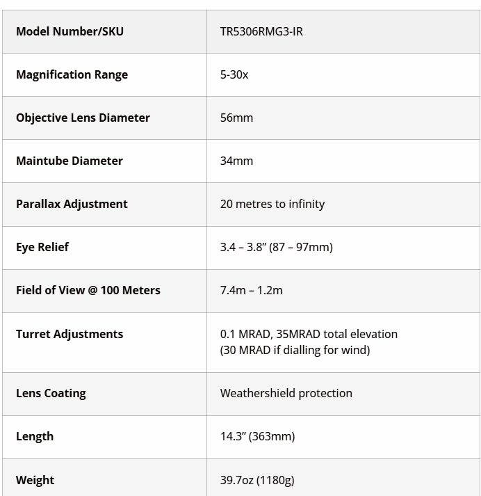 ZEROTECH lunette Trace Advanced 5-30x56ED RMG 3 MRAD IL